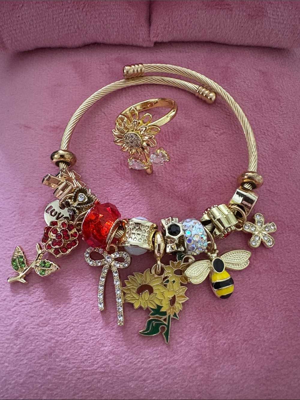 Gold-Tone Charm Bracelet and Floral Ring Set - Yellow & Red Accents
